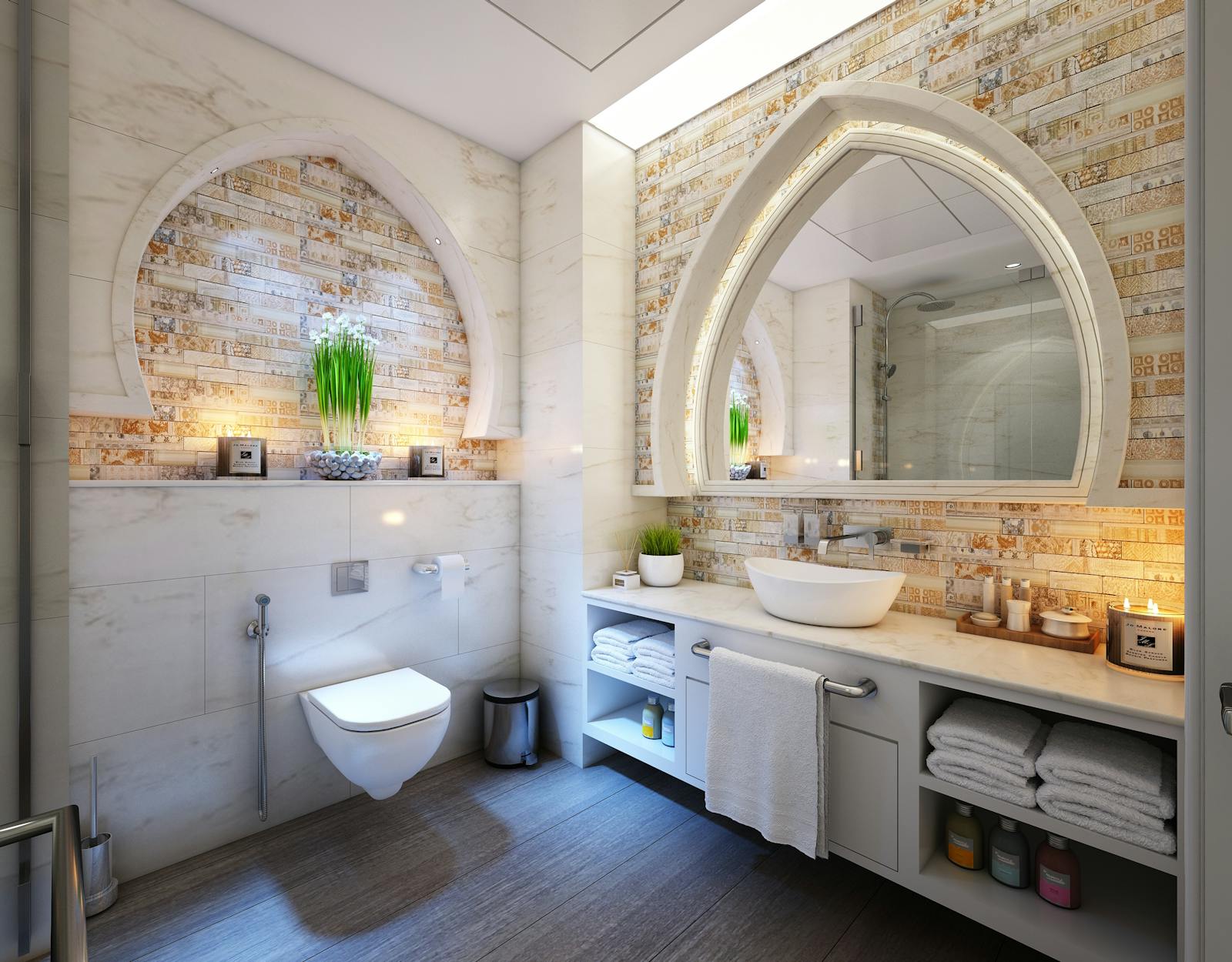 Salle de bain en pierre, lin et bois clair